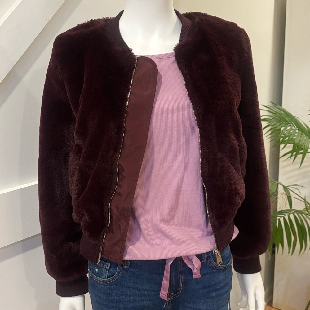 Vintage G By Guess FauxFur Jolene Lined Bomber Jacket Purple Burgundy MerlotWine